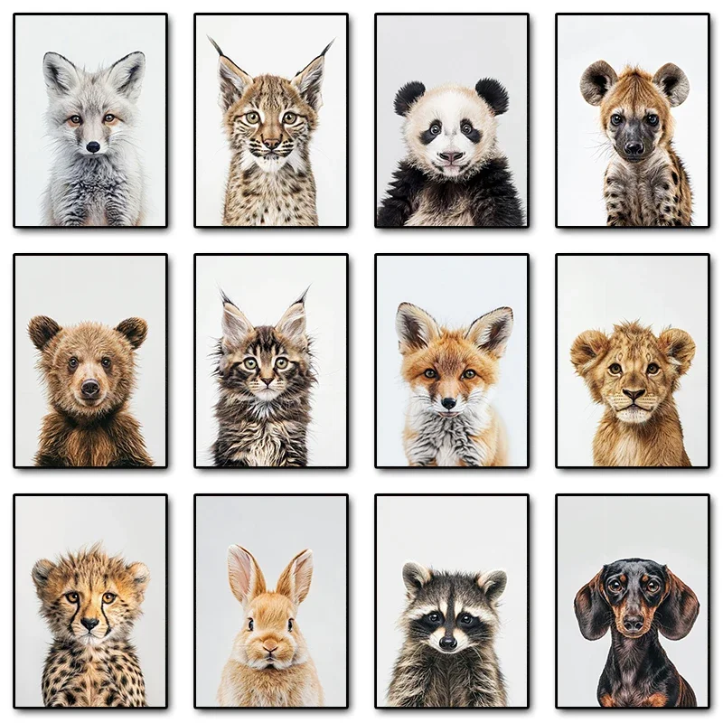 Cute Baby Animals Lion Deer Cheetah Bear Red Panda Poster and Print Canvas Painting Wall Art Picture for Kids Room Home Decor