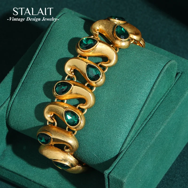

Vintage Green Crystal Wide Bracelet Charm For Bangles 18k Gold Plated Jewelry Luxury Dubai Designer Heavy Industry Women 2025