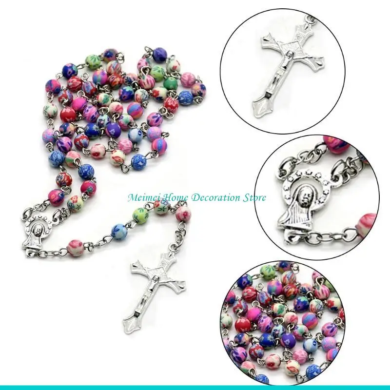 H7BF 6mm Round Ceramic Beads Rosary Necklace for Cross Catholic Necklace