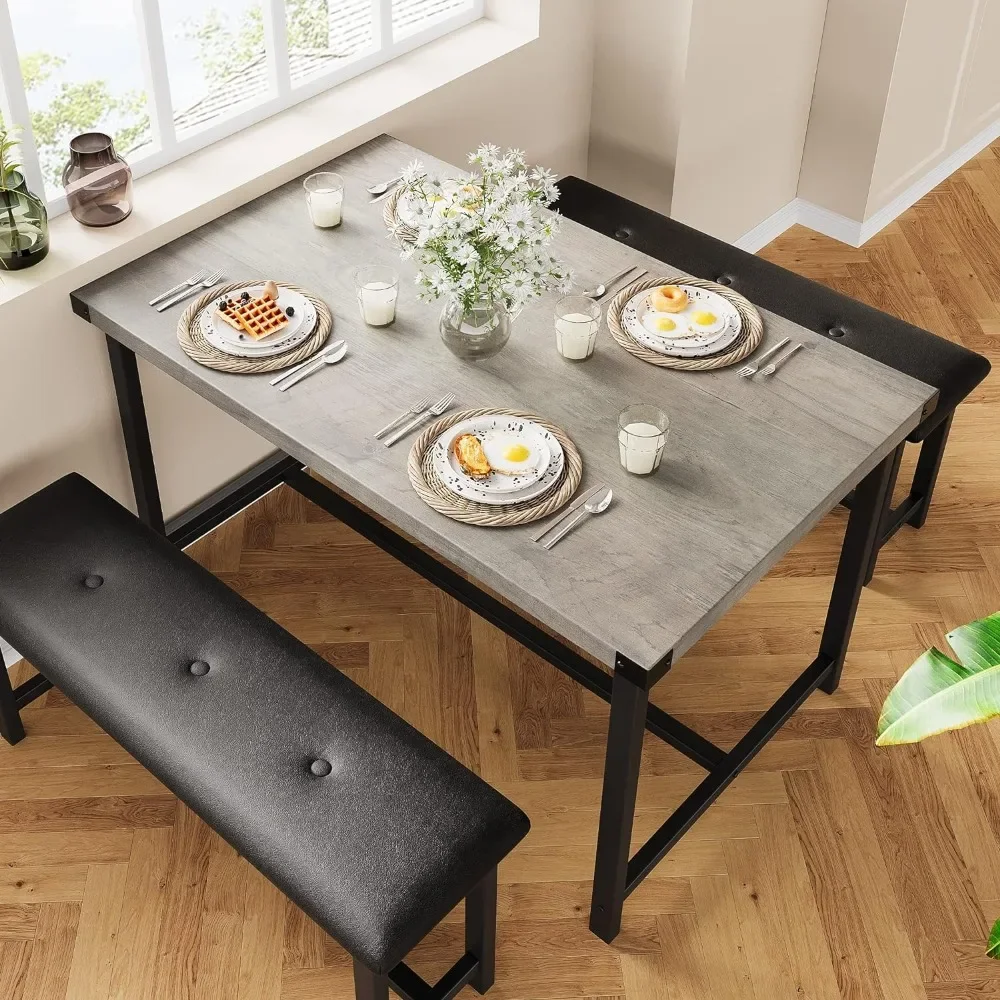 Conjunto de mesa de jantar para 4, mesa de cozinha com bancos, conjunto de mesa de jantar retangular com 2 bancos estofados, 3 peças