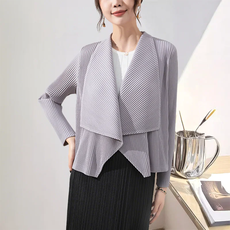 

Miyake Pleated Jacket Women Short Long-sleeved Fall Winter New Loose Lapel Cardigan Blouse Thick Section Simple Casual Clothing