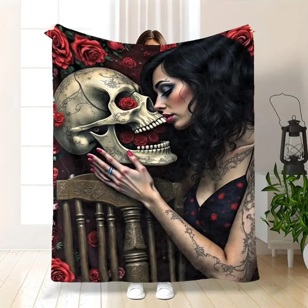 Large Gothic Skull Roses Blanket Throw 150x230cm Skeleton Plush Cozy Witchy Decor for Bedroom Halloween
