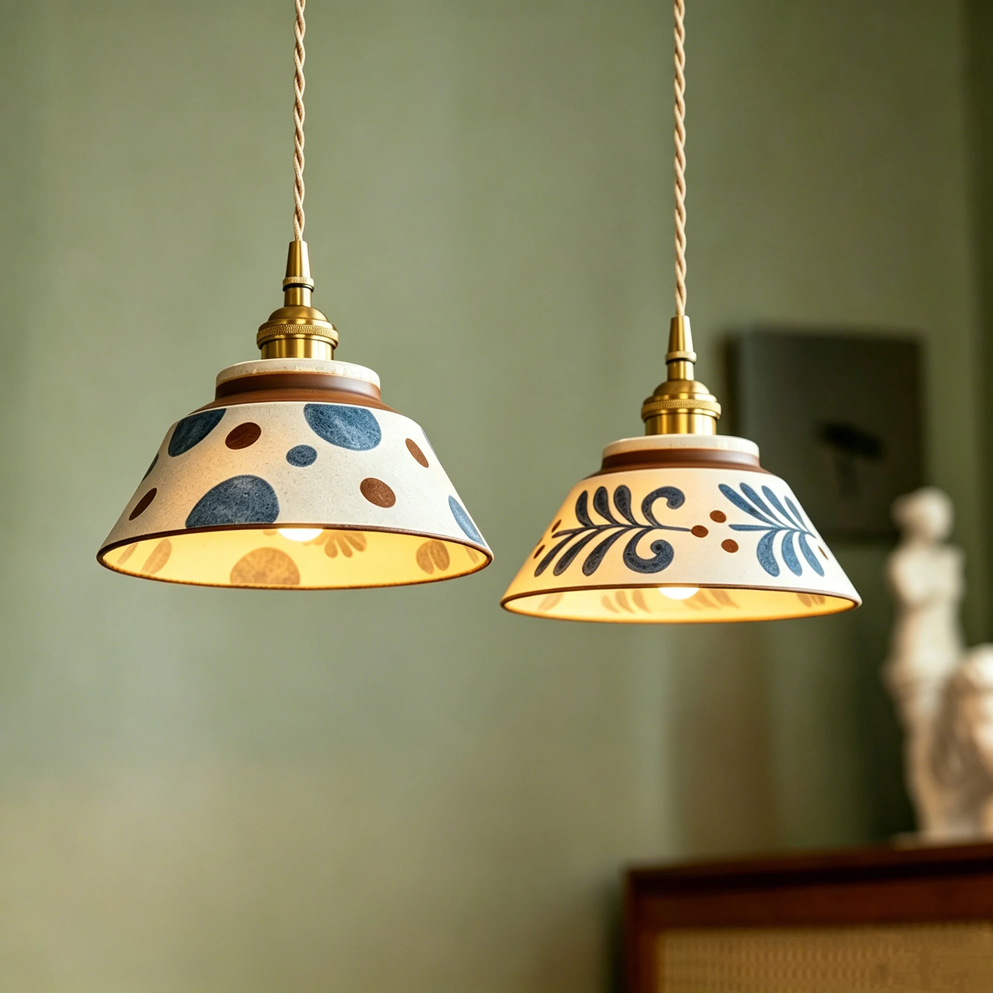 Chinese-style Retro Tea Room Colored Glazed Ceramic Blue-and-White Pendant Lamp, Chinese Ancient Style Nostalgic Homestay Dining
