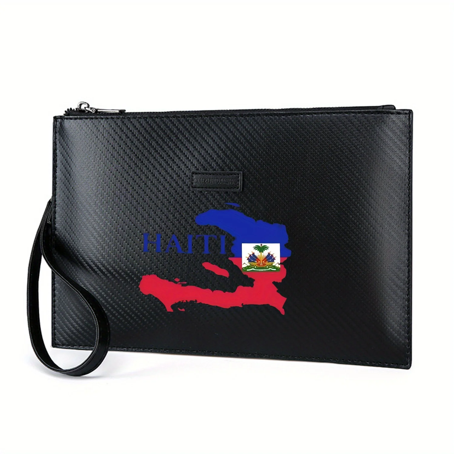 Haiti map flag emblem blue red Elegant Printed PU Men's Handbag Fashionable and Practical for Everyday Carry