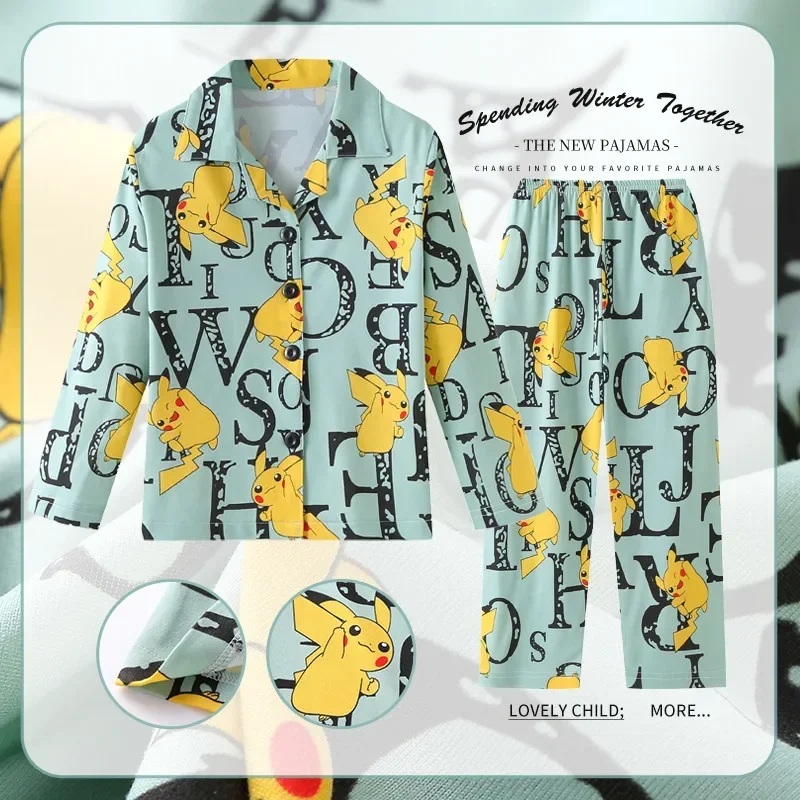 2023 novo anime pokemon pikachu pijamas para crianças primavera e outono modelos de manga comprida cardigan loungewear terno meninos menina presentes