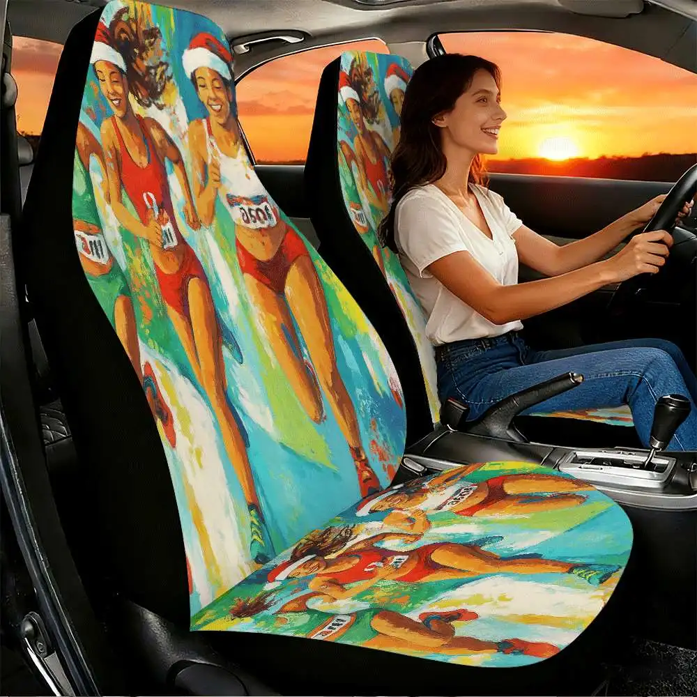 2pcs Festive Running Women Car Seat Covers | High Back Design, Polyester Material, Universal Fit For Cars, SUVs, And Trucks, Ide