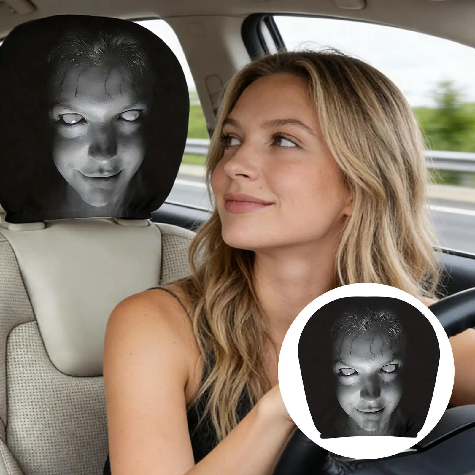 1PC Horror Face Design Car Headrest Covers Breathable Elastic Car Headrest Cover Universal Car Seat Cover for Sedan, Truck, SUV