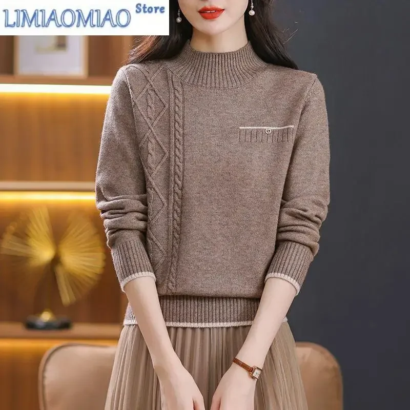 

Women's Clothing Contrast Color Autumn Winter Pullover Long Sleeve Sweater with Knitted Pockets Casual Elegant O-Neck Tops
