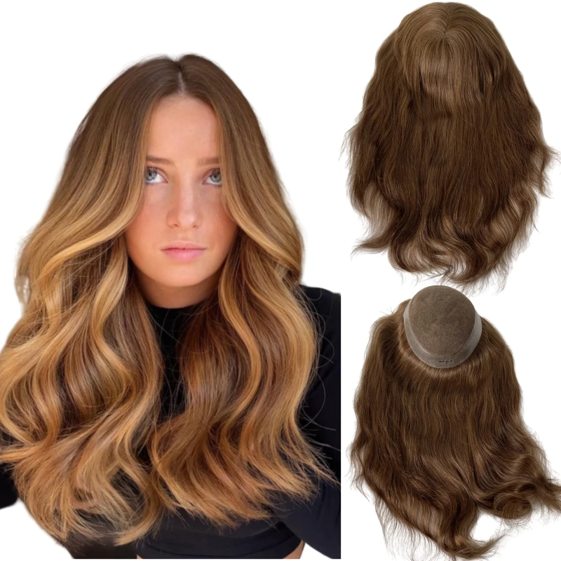 

16 Inches Indian Virgin Human Hair Replacement #6 Light Brown Color Straight AUS Topper 8x10 Lace with PU Toupee for Woman