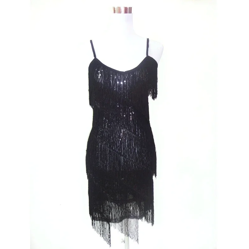 Women Sexy Tassel Latin Dress Tiered Fringe Flapper Dress Evening Nightclub Dancing Fancy Costumes C-Neck Sequin Dress