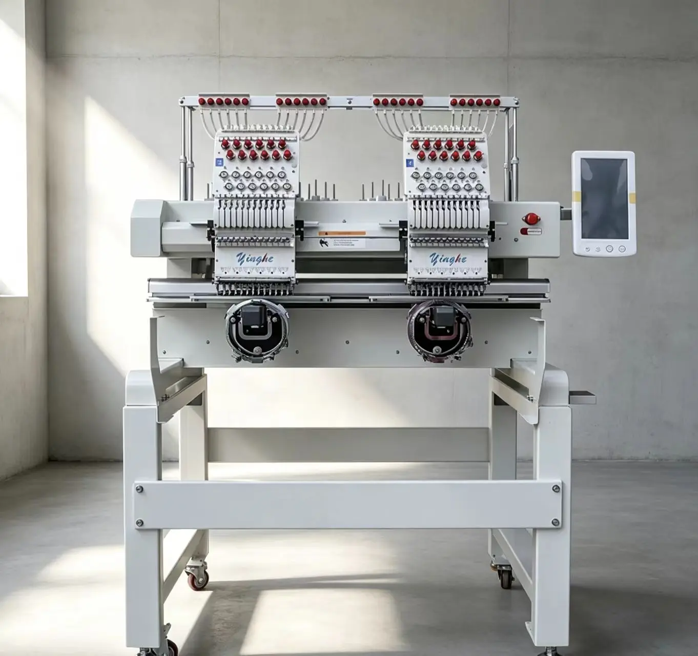 Function Rich 1202 2 Heads 12 Needles Embroidery Machine, Handles Headwear, Casual Tops, Assorted Plain Fabric Panels