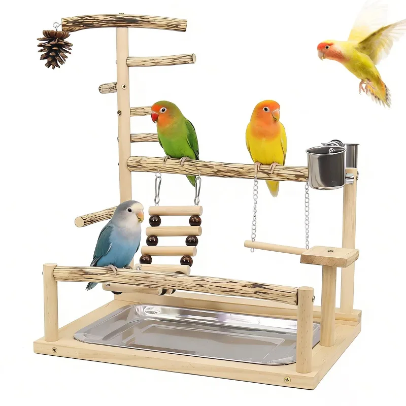 

Parrot Stand Perch Natural Wood Bird Play Gym with Pine Cone Chew Toys for Small Medium Birds Cage Durable Easy Install