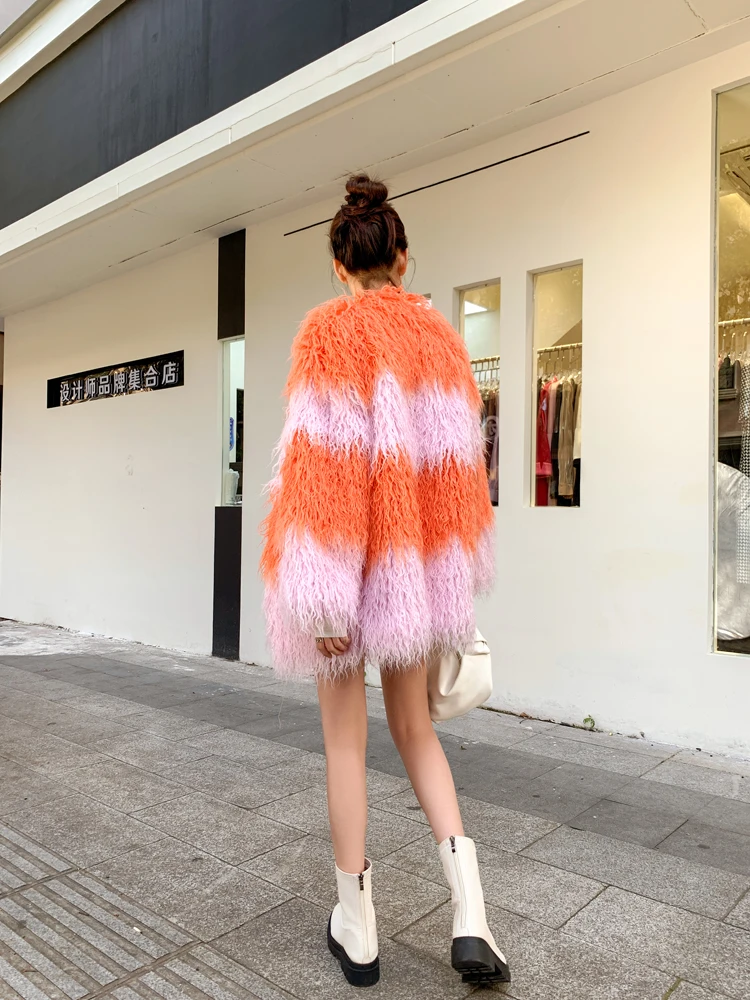 Original Design Contrast Color Faux Fur Coat Female Long Jacket Women's Winter Shaggy Outerwear Factory Direct Sales