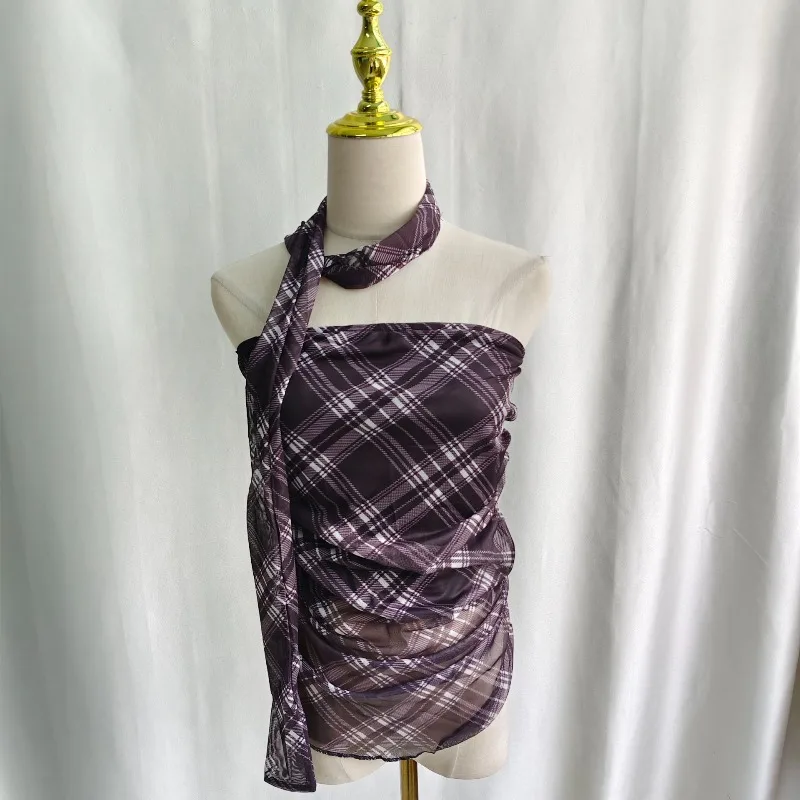 Kimotimo Plaid Ribbon Strapless Vest Women Vintage Slim Fit Sleeveless Folds Crop Top 2026 Summer Spicy Girl Y2k Outerwear Tanks