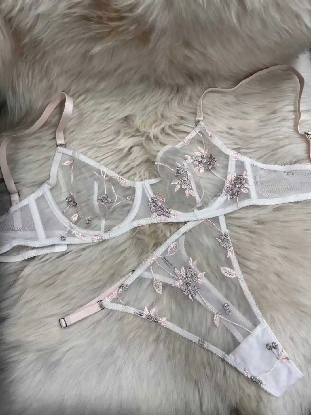 BANERDANNI Conjunto de sujetador de malla transparente popular, sujetador minimizador push-up antideslizante con bordado de encaje transparente para mujeres con busto grande