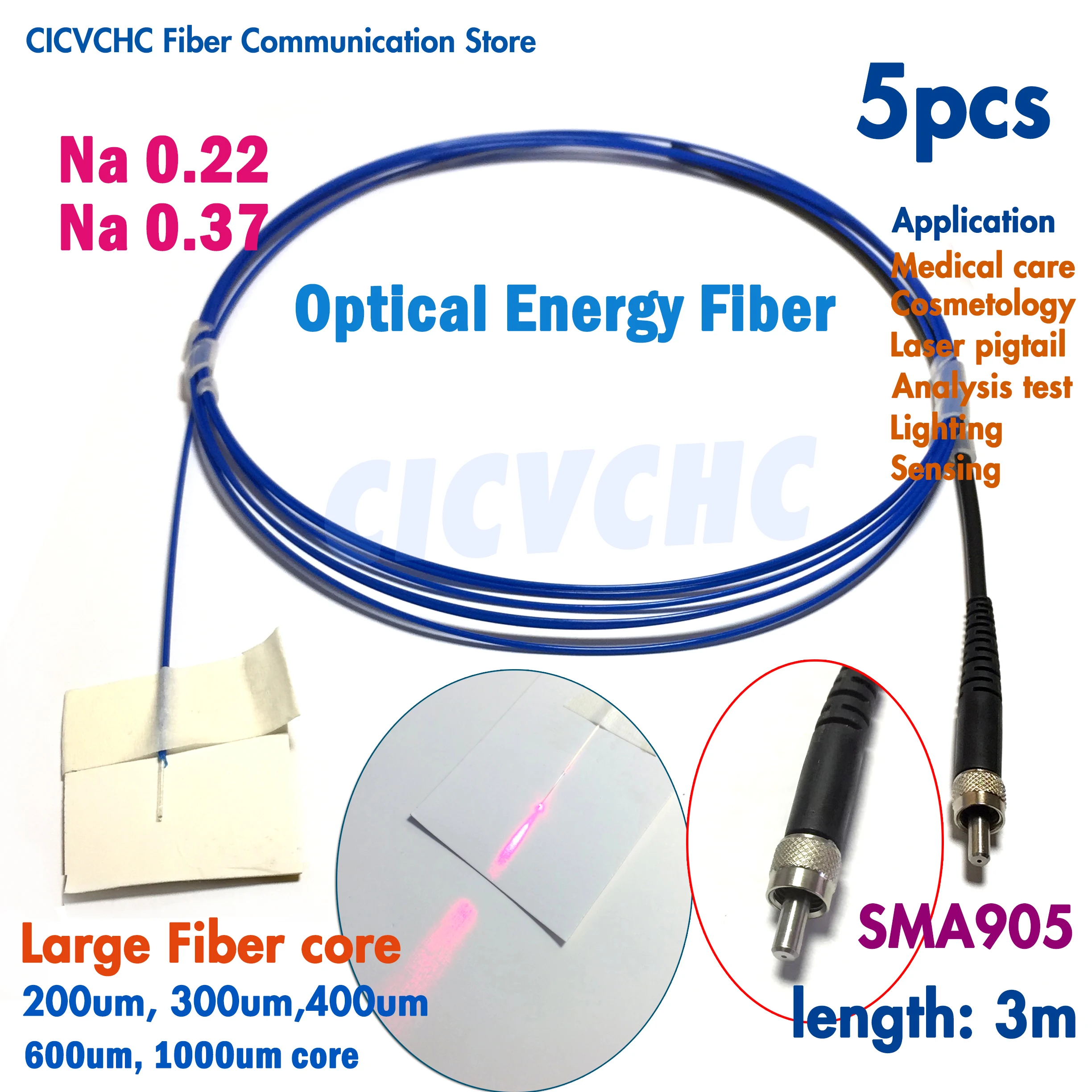 

5pcs SMA905 Energy Fiber Optic Pigtail with 200um, 300um, 400um, 600um, 1000um Large Core Na0.22 or Na0.37