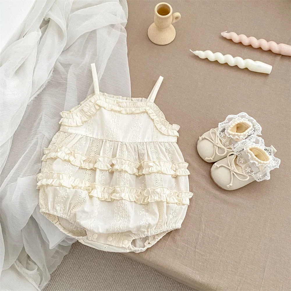 2024 New Summer Girls Lace Embroidery Romper Bodysuit Soft Cotton Toddler Baby Strap Overalls Korean Japan Infant Beach Clothes