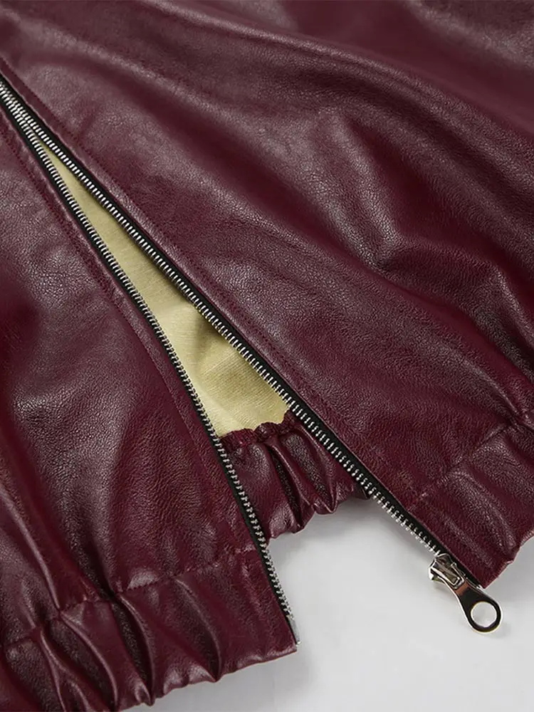 جديد بولي Leather سترة جلدية النبيذ الأحمر التلبيب فضفاض سستة السائق سترة جلدية الخريف الشتاء موضة جديدة تخفيف معطف المرأة