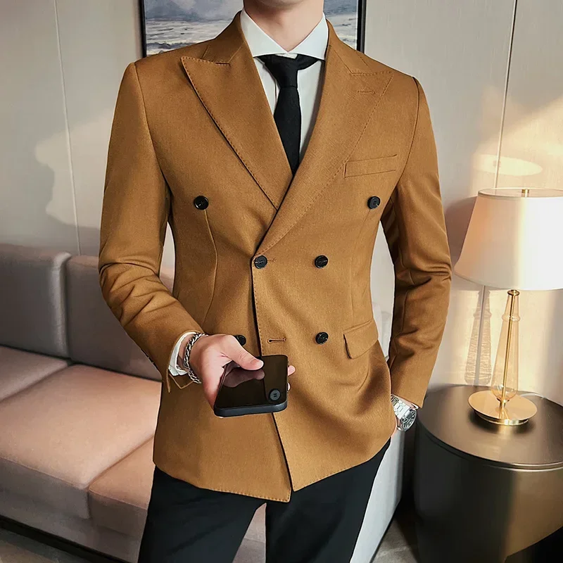 2024 Men\'s Formal blazer jacket Lapel Flat Slim Fit Casual Gentleman khaki Men Fashion Double Breasted Wedding Men Blazer Jacket