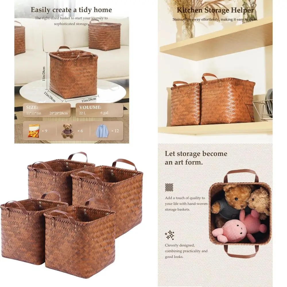 

Set of 4 Brown Wicker Laundry Baskets with Handles for Storage and Organization