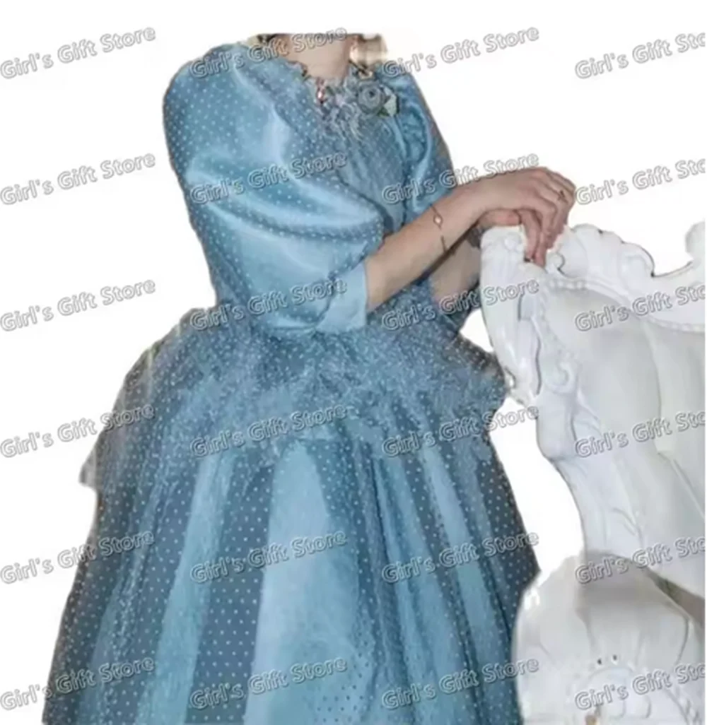 Dusty Light Blue Dotted Tulle Preteen ดอกไม้สาวเจ้าหญิงชุดสําหรับงานแต่งงานที่ไม่ซ้ํากัน Puffy Sleeve เพื่อนเจ้าสาว First Communion Gown