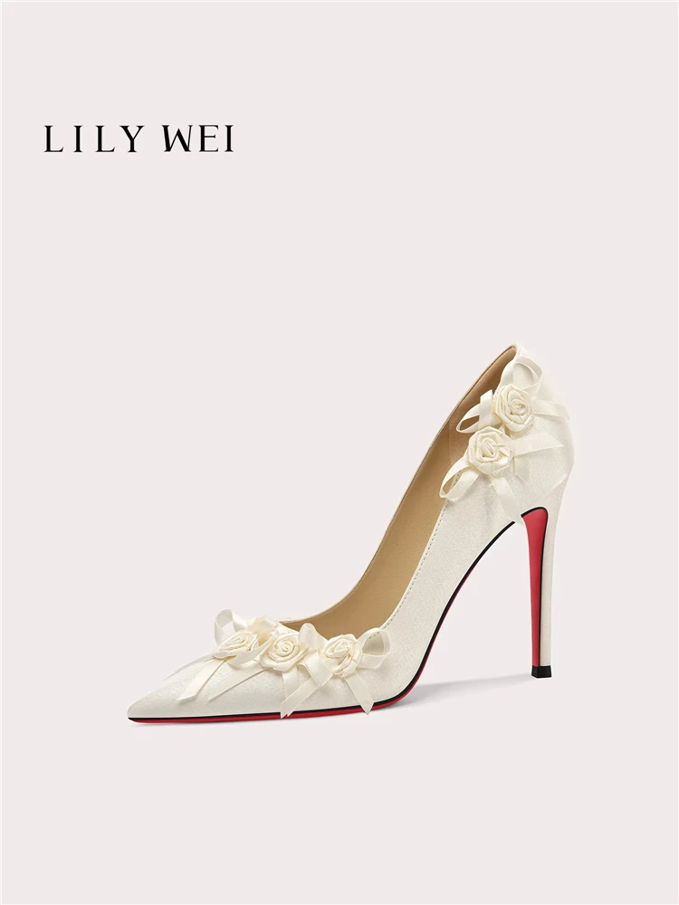 

Spring new pointed satin ribbon bow flat wedding shoes banquet large size small size widened version slim high-heeled women shoe