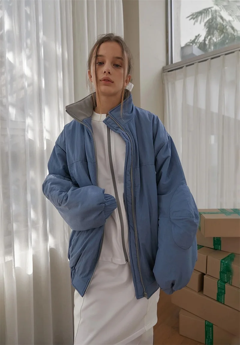 Veste matelassurera en coton avec col montant et fermeture éclair pour femme, manteau chaud unique, manches longues, bleu, lancé par la chute, le plus récent, en stock