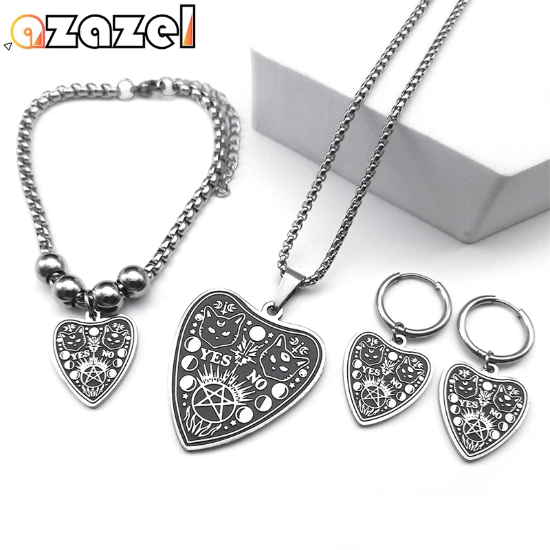 Stainless Steel Jewelry Set Witch Ouija Board Divination Cat Moon Witchcraft Protection Necklace Earrings Bracelet Jewelry Gifts