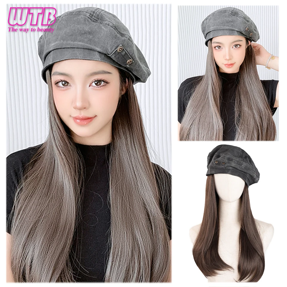 WTB Hat Wig Fashion Women\'s Denim Beret Synthetic Long Straight wig Winter Hat Wig Hat One-piece Wig Keeps Warm and Fashionable