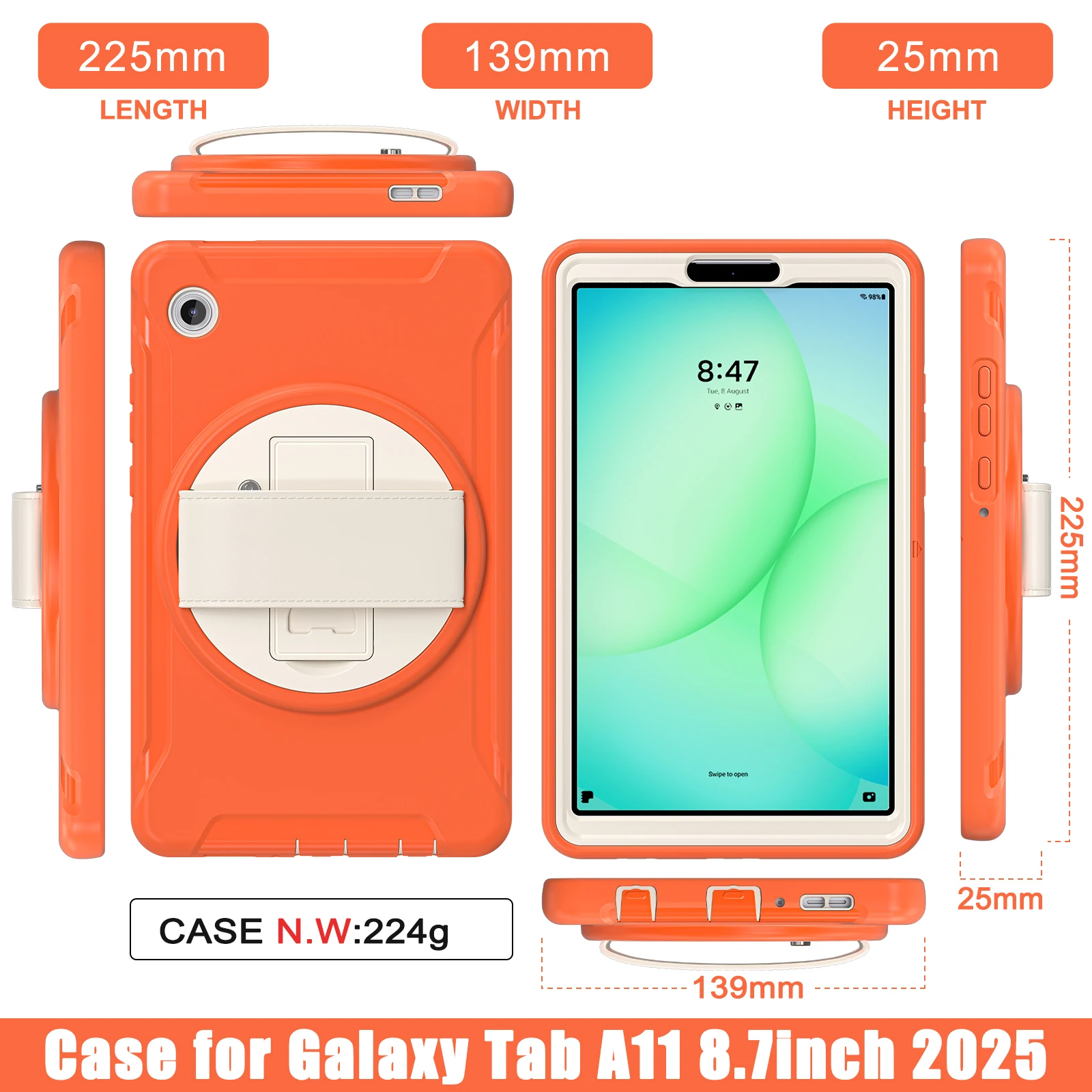 حافظة شديدة التحمل لهاتف سامسونج جالاكسي تاب A11 8.7 بوصة SM-X130 SM-X135 2025 8.7 بوصة مع 360 درجة °   حزام يد دوار