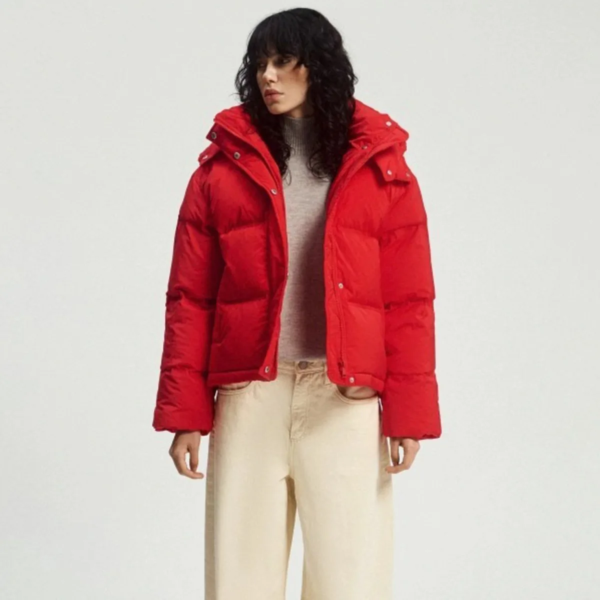 IG Women Red Cropped Hooded Puffer Jacket with Zip Snap Closure, Side Pockets Quilted Padded Winter Warm Casual Loose Outerwear
