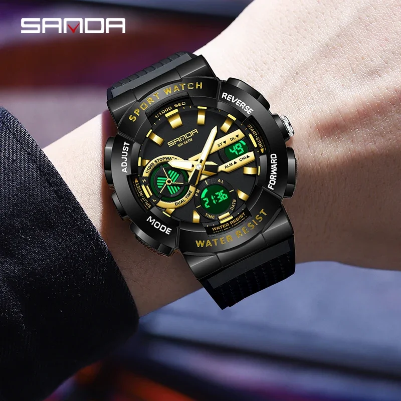 SANDA جديد الرياضة العسكرية الرجال ساعة مزدوجة عرض ساعة توقيت LED مضيئة مقاوم للماء ساعة تنبيه الإلكترونية كوارتز رجل ساعة اليد