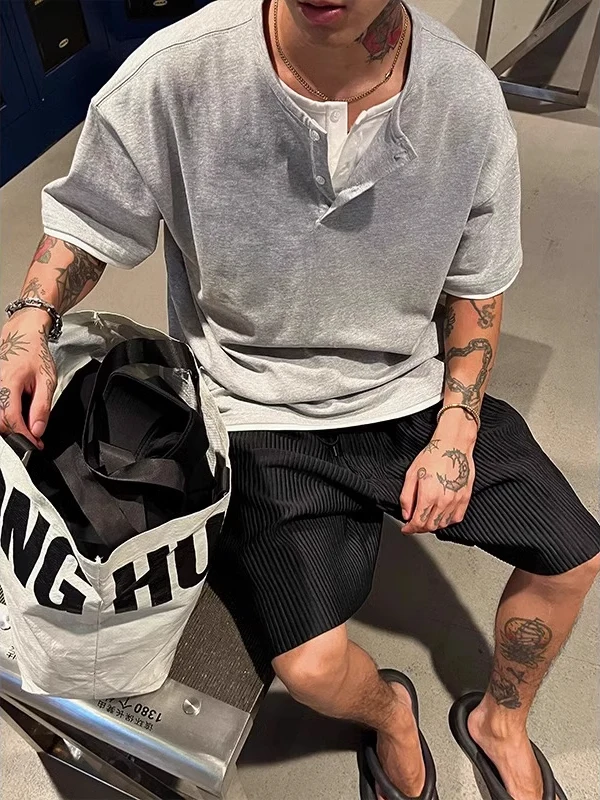 

Extra Large 300 Pou Fake Two-Piece Henry Collar ort Sve T-irt ex Summer Heavyweight Pure Cotton Loose f S...