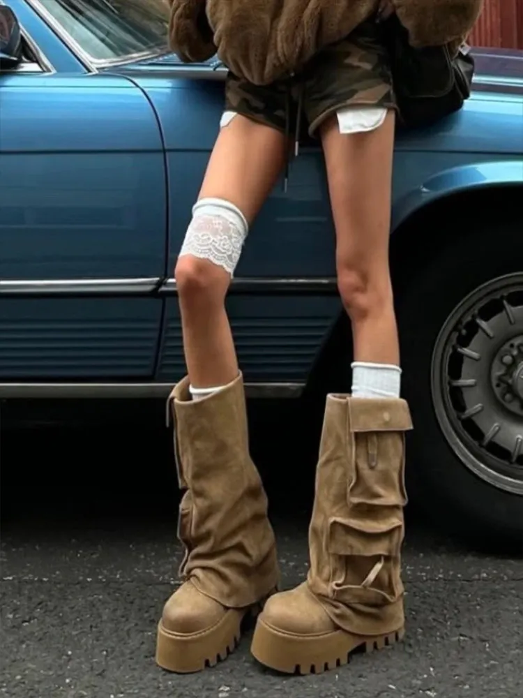 2026 Autumn Vintage Pocket Cargo Knight Boots Women Thick Sole Slimming Tall Boots Unique Design Long Tube Fashion Riding Boots