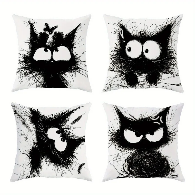 Stylish 4 Pack Printed Cat Face Pillow Covers Set Polyester Decorative Graphic Throw Cushions for Living Room Home Decor Gifts