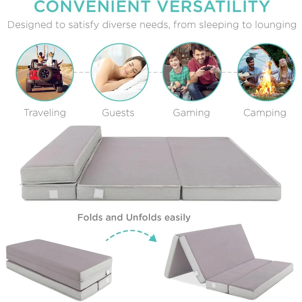 مرتبة محمولة، مرتبة ثلاثية الطي للتخييم والضيوف، قطيفة إسفنجية مع حقيبة حمل #4