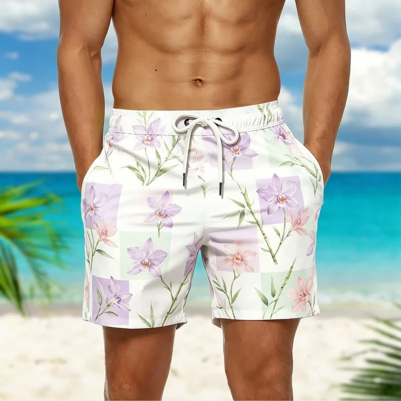 

Men's Pastel Grid & Tropical Print Casual Shorts ，for Casual Outings, Outdoor Activities & Standout Everyday Wear