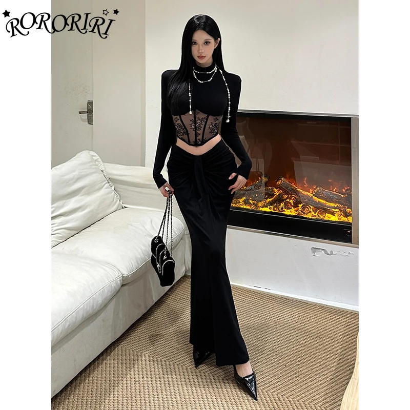 RORORIRI Lace Stitch Boned Top Skirt Set Women Turtleneck Slim T-shirt Pleated Bodycon Mermaid Long Skirt Grayu Autumn Clothes