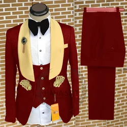 Men's Suit 3-Piece Jacquard Set Slim Fit Tailored Tuxed Yellow Collar Wedding Suit Full Set