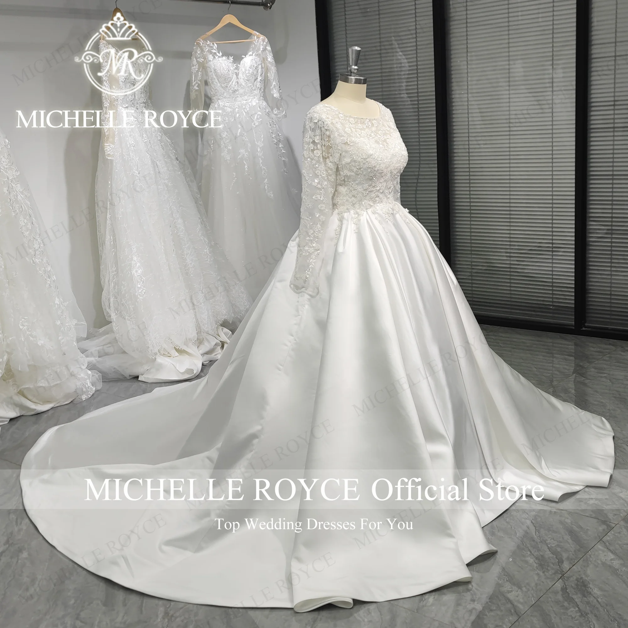 Michelle Royce Vestido De Novia línea A trabajo Real ilusión encantadora manga larga borla cuentas Vestido De Novia De satén Vestido De Novia