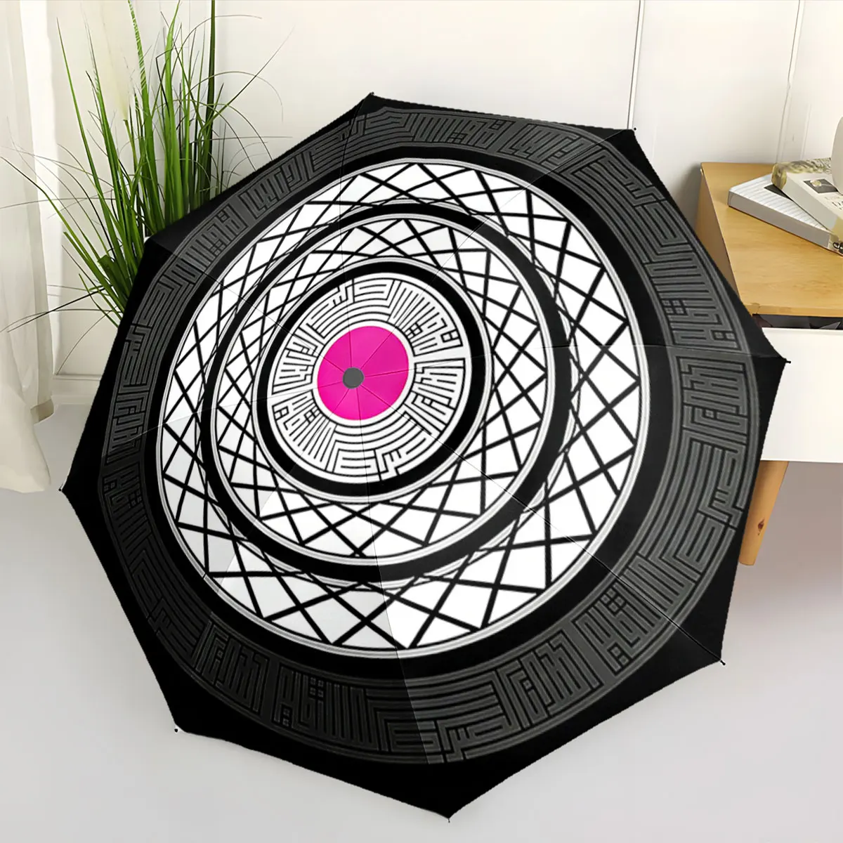 1PC Unique Geometric Umbrella Design with Vibrant Center Print 8 Iron Ribs Folding Umbrella Auto-Open Fashion Sunshade