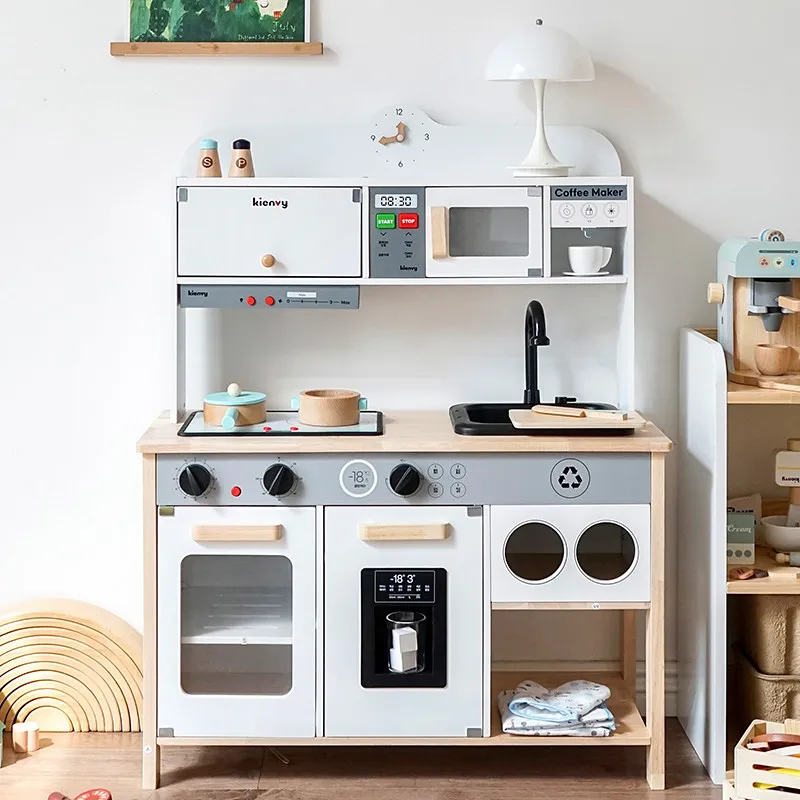 Kitchen toys Sound and light out of the pool Wooden simulation Play house Refrigerator Microwave oven 3-6 years old Simulation