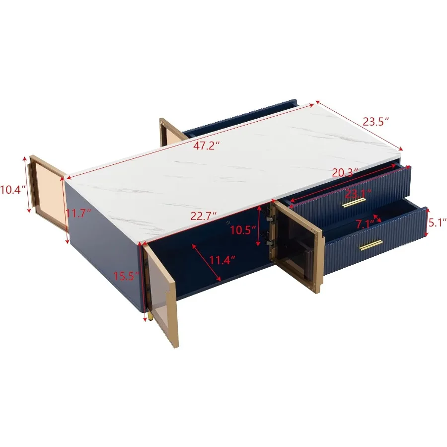 Modern Navy Blue Coffee Table with 2 Glass Door Storage, 4 Drawers, Gold Metal Legs, and Multi-Color Lighting in 47.2''