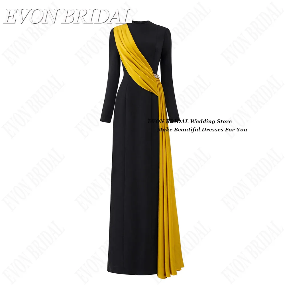 EVON BRIDAL Black And Golden Celebrity Dresses Dubai Satin Mermaid Contrast Color Party Gowns Long Sleeves Vestidos De Ocasião