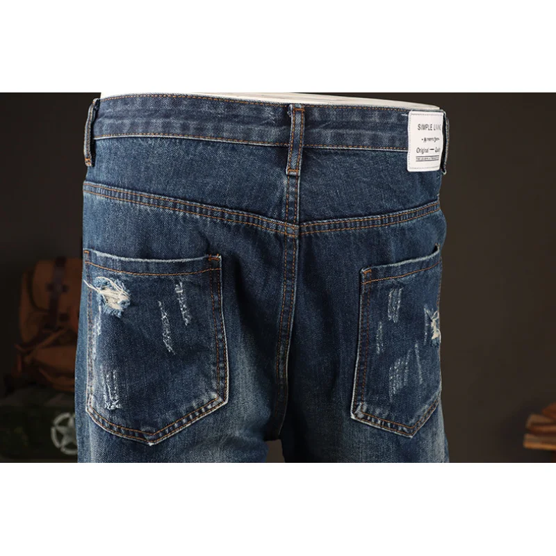 

Summer thin trendy brand American retro loose straight hole ripped jeans men's street cool trendy casual pants