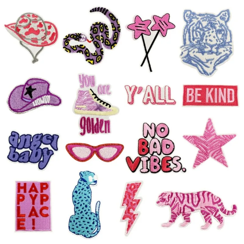 Assorted Styles Pink Embroidered Patches Appliqué Tiger Snake Iron/Sew On Patches for Clothes Hats Jeans Skirts Backpacks