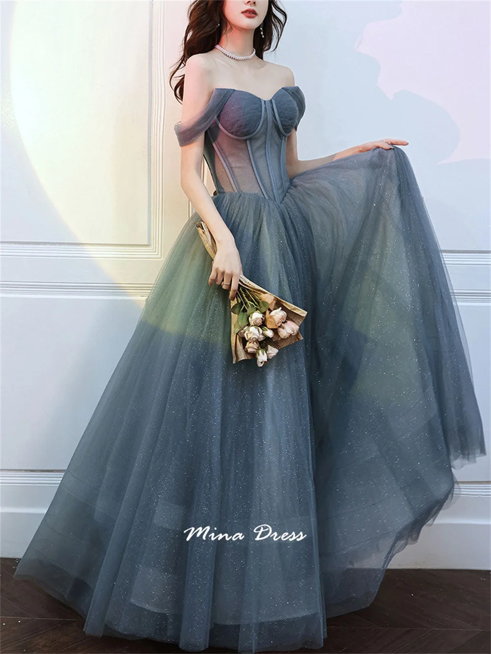 Mina personalizado translúcido vestido de noite mulher vestidos de festa 2025 lantejoulas em forma de a cinza-azul volta-comprimento vestido de baile feminino gala