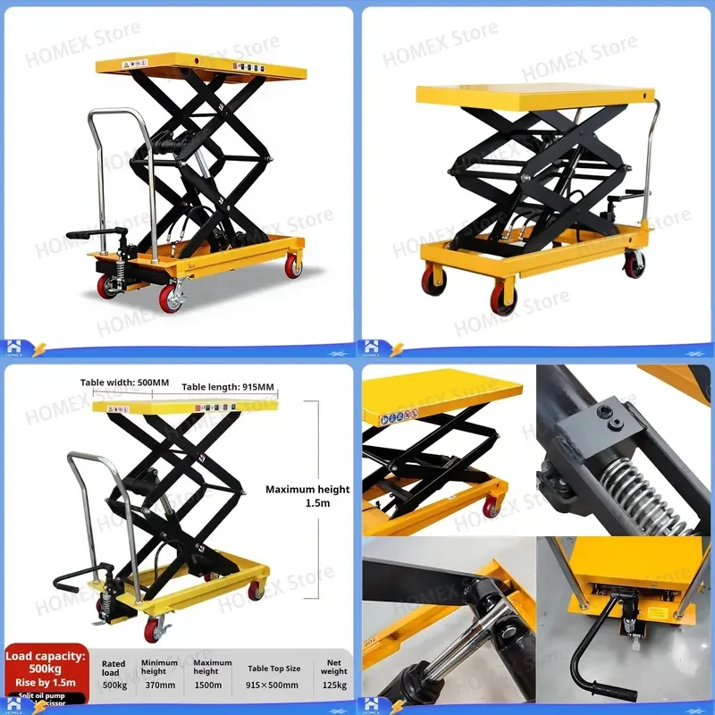500kg Hydraulic Scissor Lift Table Portable Manual Pallet Jack Mobile Lifting Cart with Casters for Warehouse Industrial