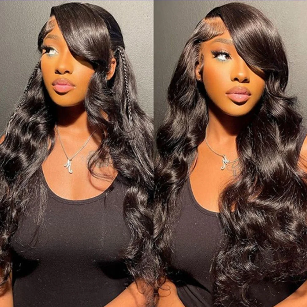 Wig Rambut Asli 13x4 Body Wave Lace Front Pre Plucked 200 Density Glueless untuk Wanita, Wig Frontal HD 42 Inch