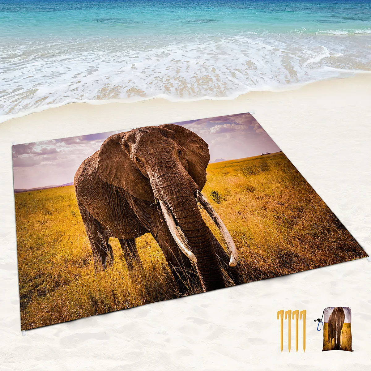 Beach Blanket Sandproof Waterproof  Wild Elephant Print Picnic Rug Lightweight Outdoor Beach Mat with Corner Pockets for Travel